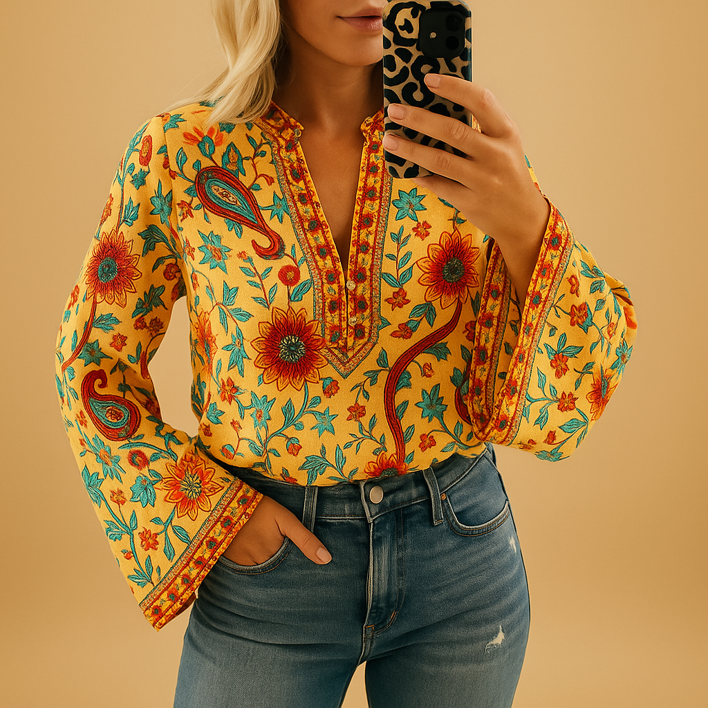 Airy spring blouse for women with a round neckline and flowy fit, ideal for warm-weather occasions and stylish everyday outfits.