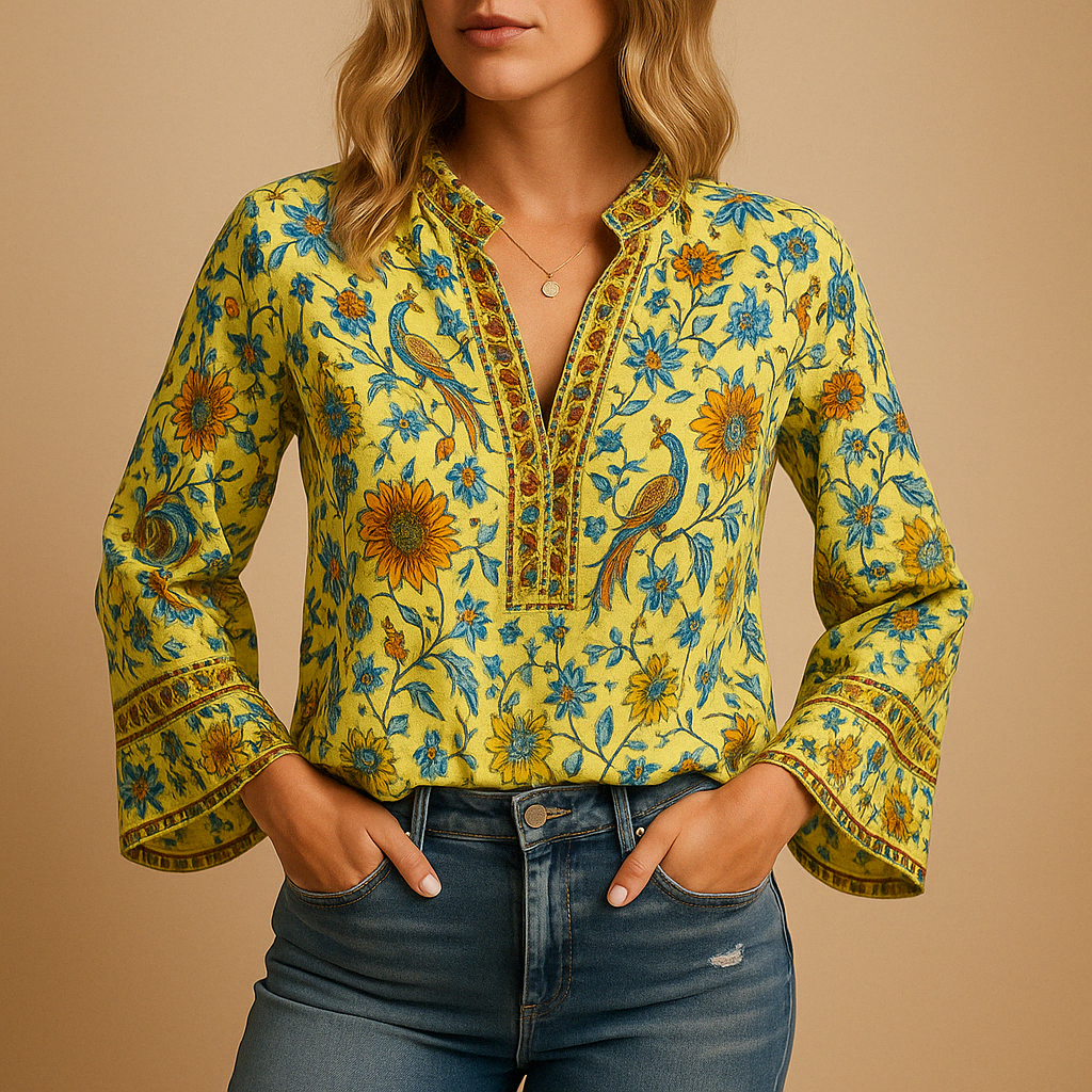 Airy spring blouse for women with a round neckline and flowy fit, ideal for warm-weather occasions and stylish everyday outfits.
