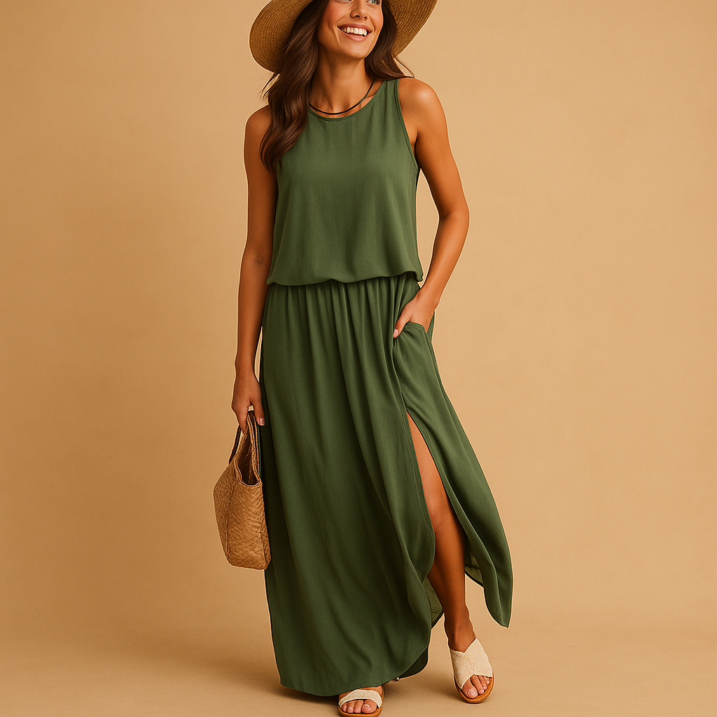Women’s summer dress with short sleeves and relaxed fit, perfect for casual days or elegant evenings.