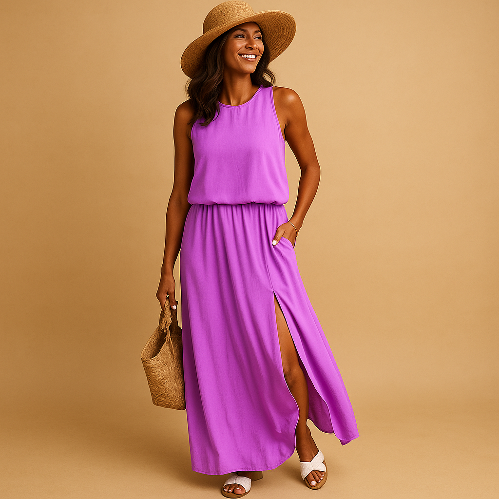 Women’s summer dress with short sleeves and relaxed fit, perfect for casual days or elegant evenings.