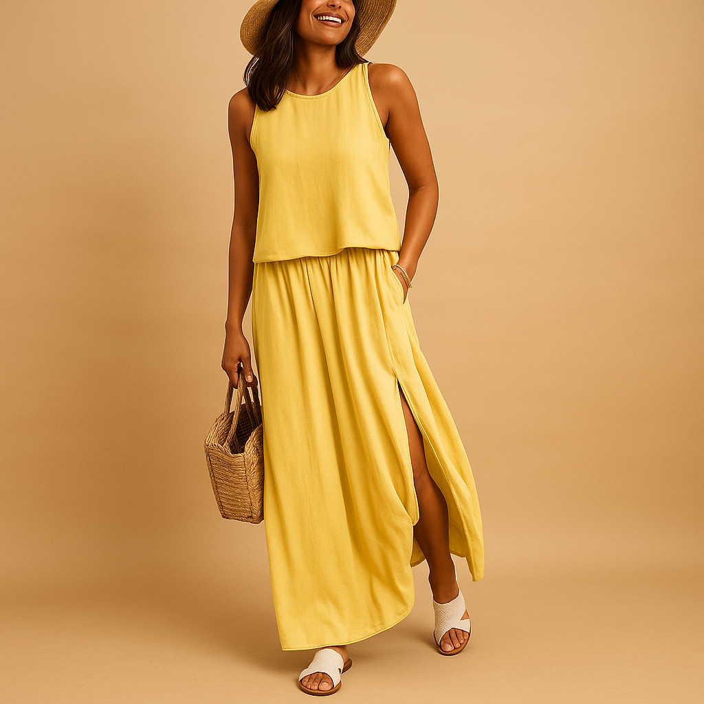 Women’s summer dress with short sleeves and relaxed fit, perfect for casual days or elegant evenings.