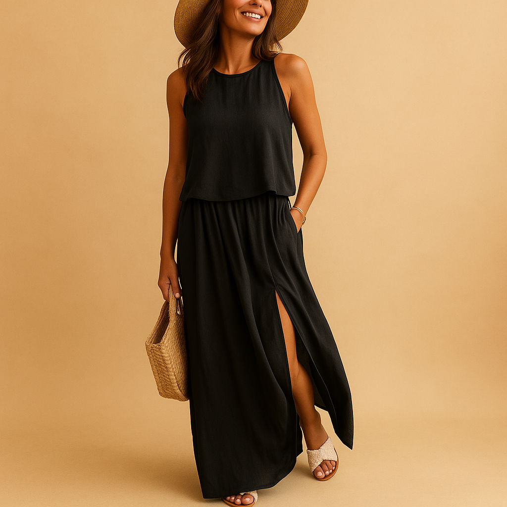 Women’s summer dress with short sleeves and relaxed fit, perfect for casual days or elegant evenings.