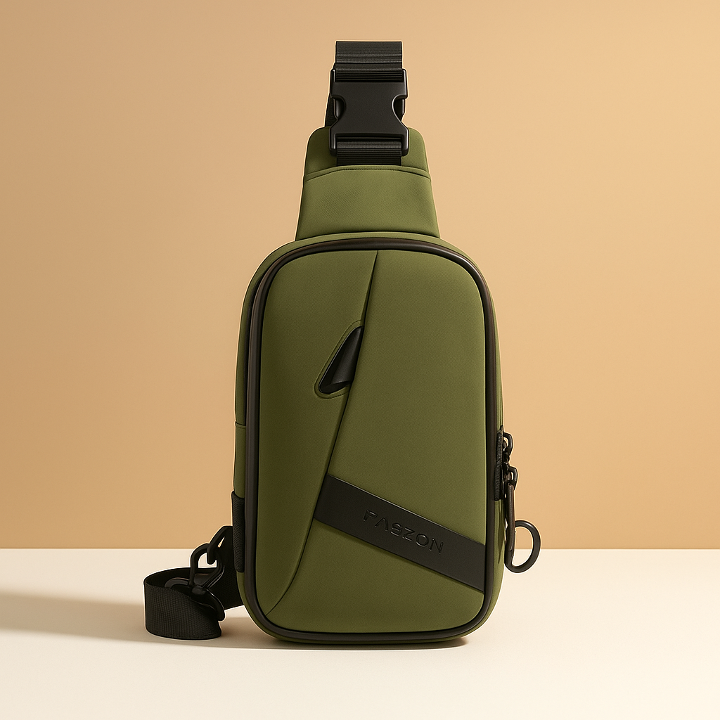 Men's anti-theft charging chest bag with USB port, water-resistant material, and multiple compartments for travel and daily use.