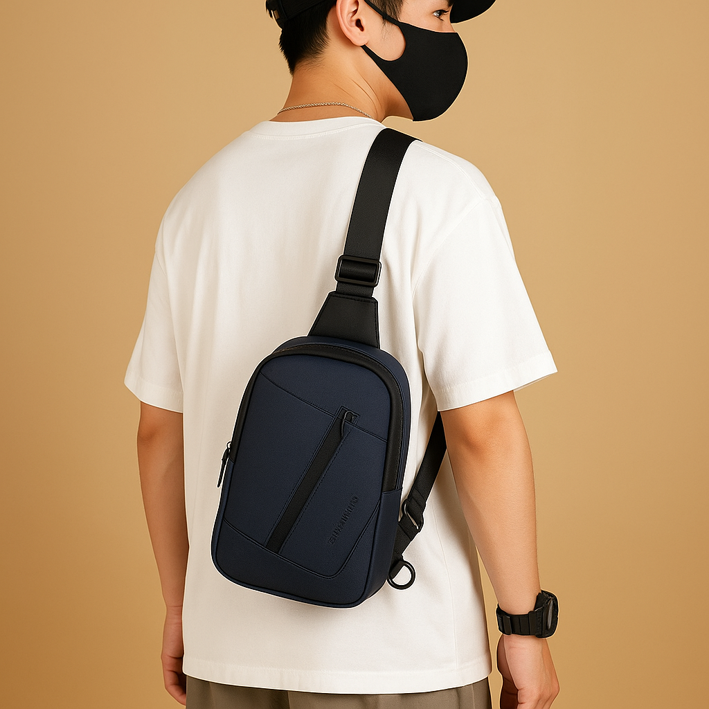 Men's anti-theft charging chest bag with USB port, water-resistant material, and multiple compartments for travel and daily use.