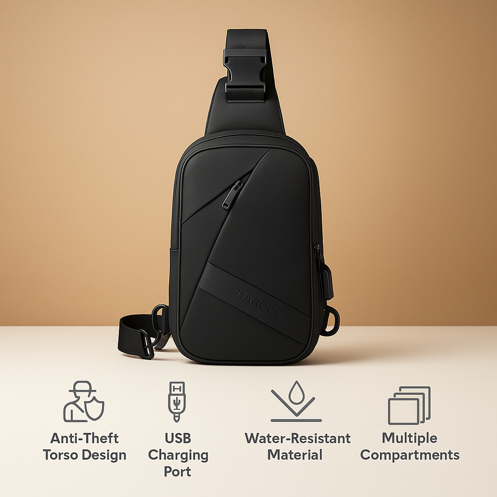 Men's anti-theft charging chest bag with USB port, water-resistant material, and multiple compartments for travel and daily use.