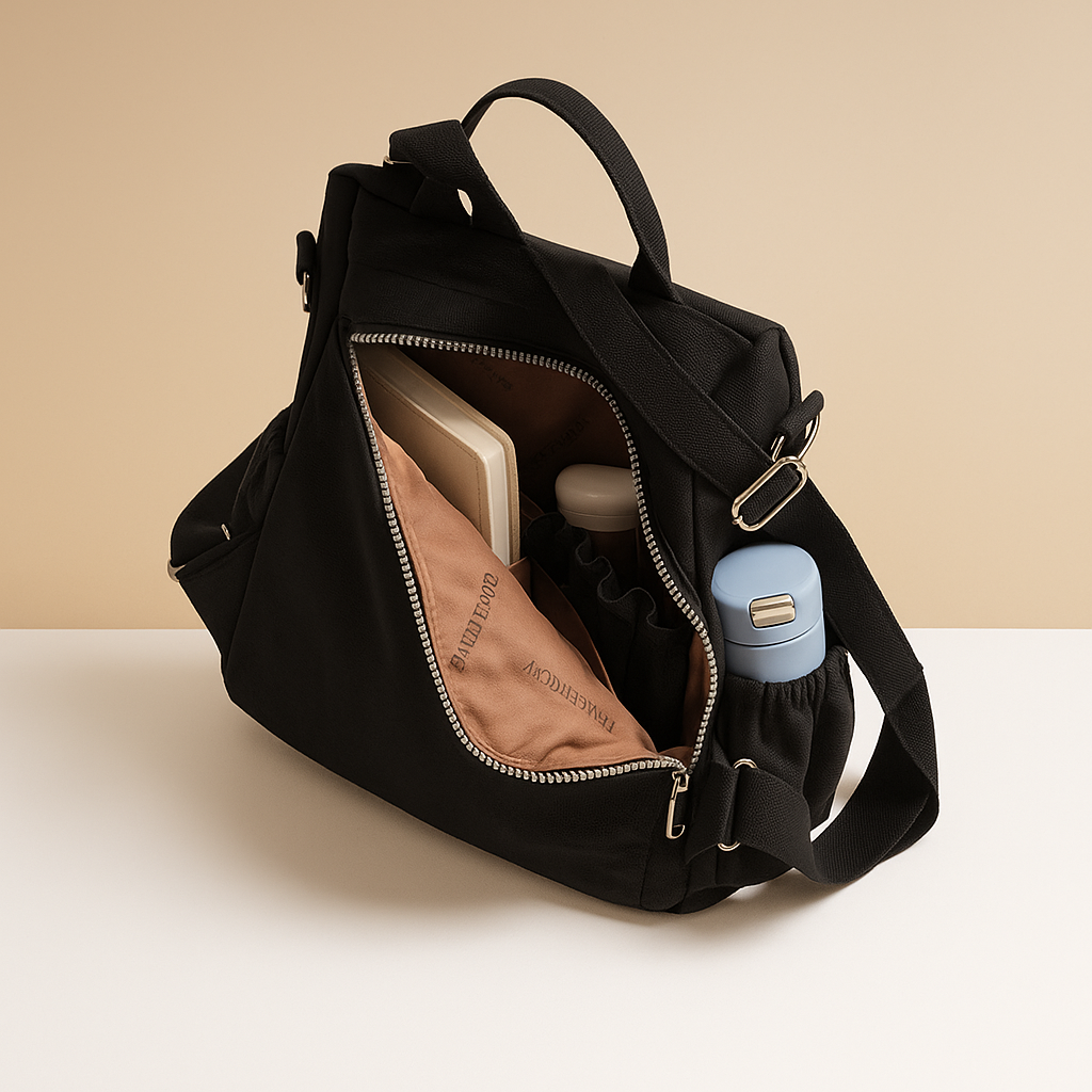 Anti-theft crossbody backpack for women with convertible straps, waterproof nylon material, and hidden compartments for stylish and secure travel.