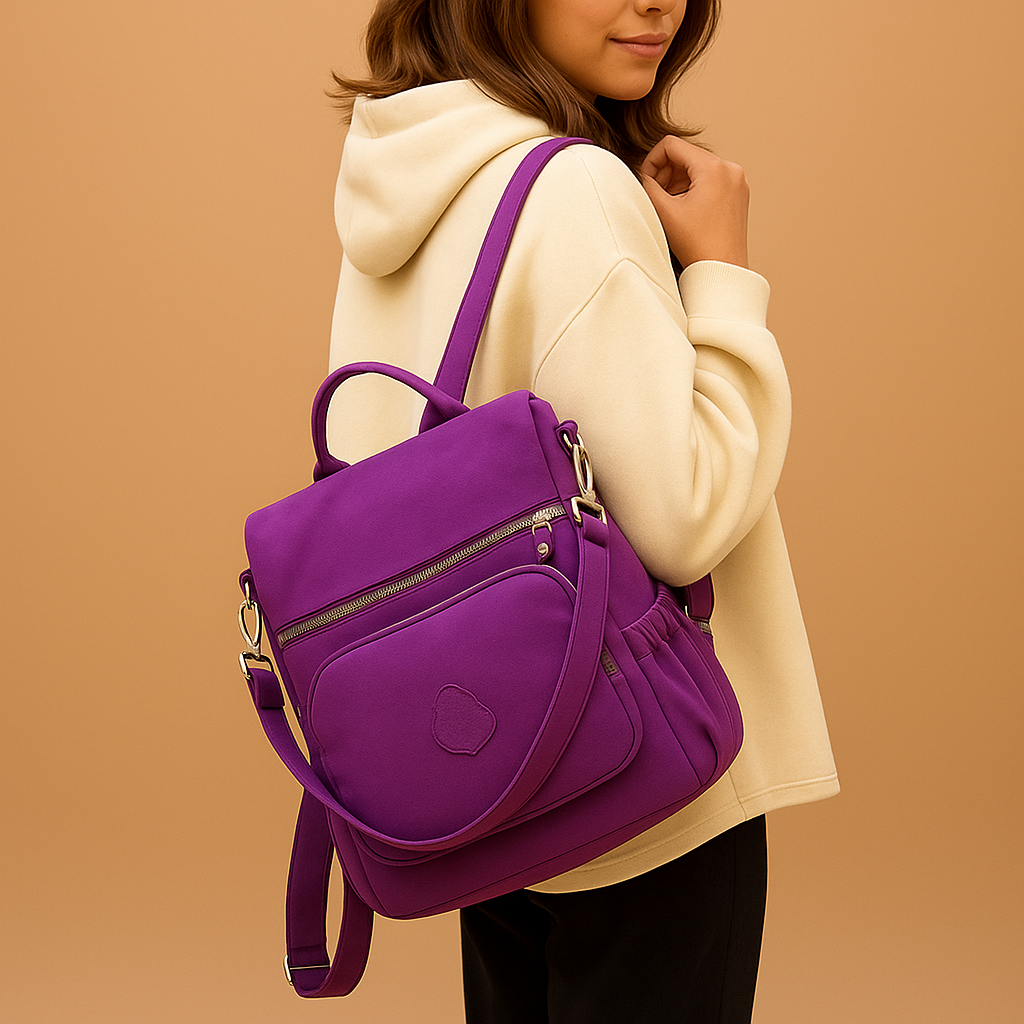 Anti-theft crossbody backpack for women with convertible straps, waterproof nylon material, and hidden compartments for stylish and secure travel.
