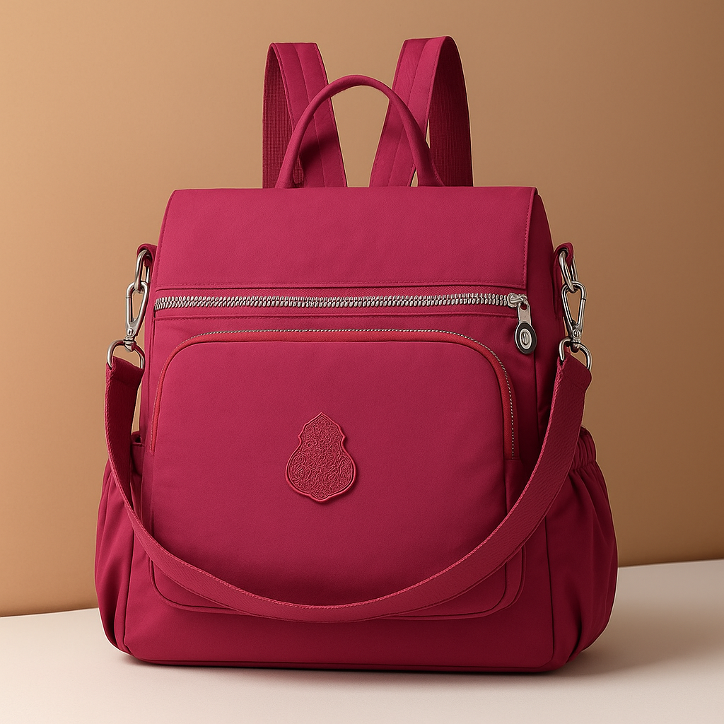 Anti-theft crossbody backpack for women with convertible straps, waterproof nylon material, and hidden compartments for stylish and secure travel.