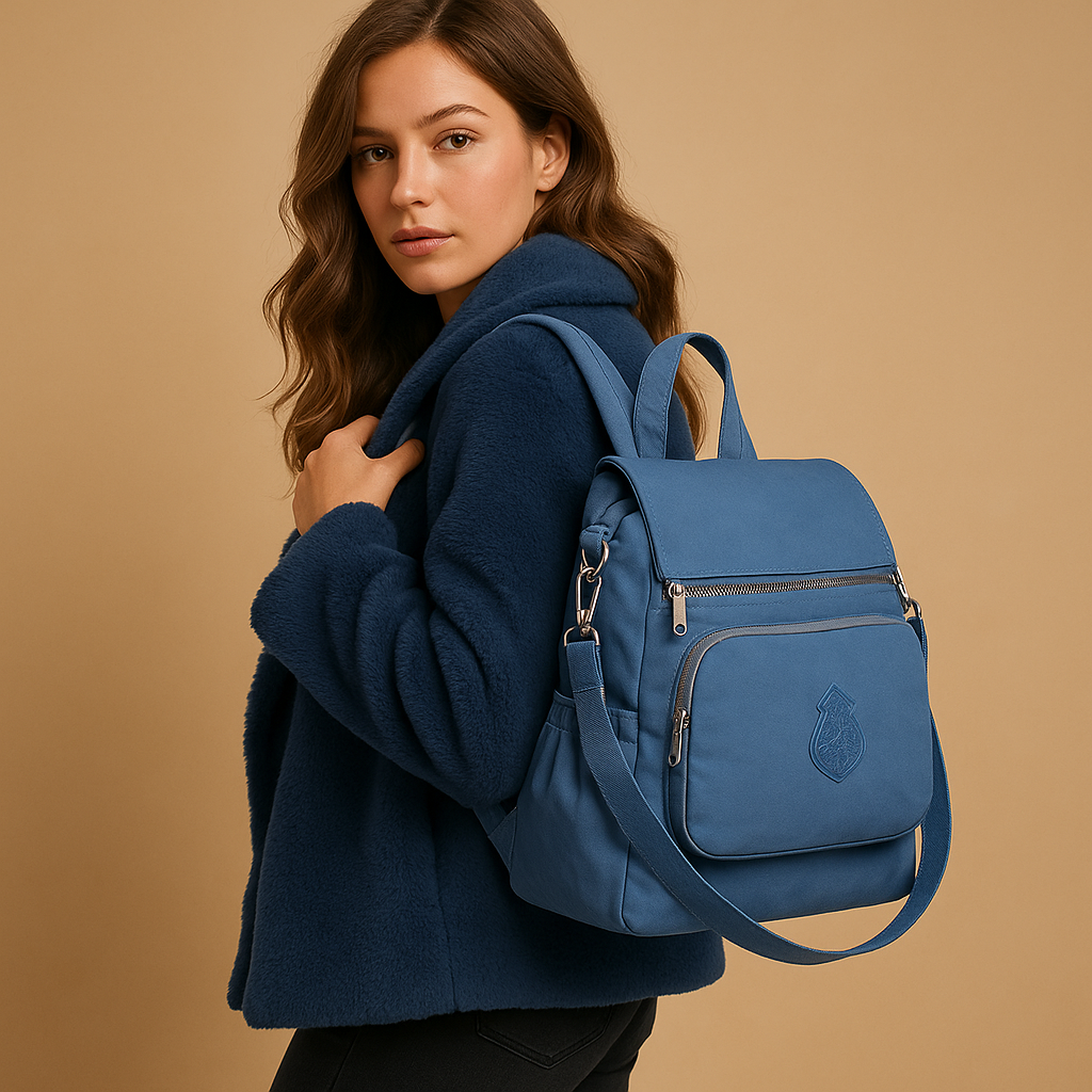 Anti-theft crossbody backpack for women with convertible straps, waterproof nylon material, and hidden compartments for stylish and secure travel.