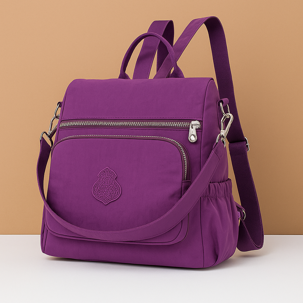 Anti-theft crossbody backpack for women with convertible straps, waterproof nylon material, and hidden compartments for stylish and secure travel.