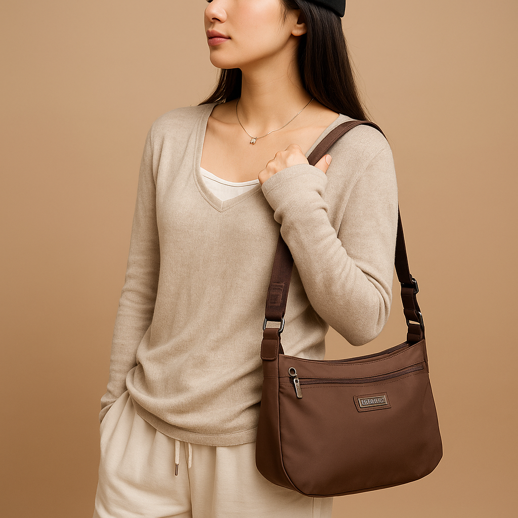 Waterproof anti-theft crossbody travel bag for women with wide strap, secure zip, and functional compartments for commuting or travel.