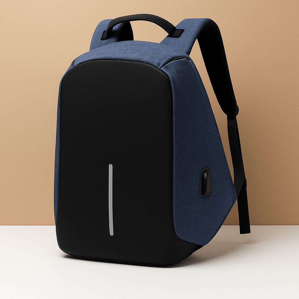 Men’s anti-theft laptop backpack with USB port, water-resistant material, and secure back-zipper, ideal for travel and everyday use.