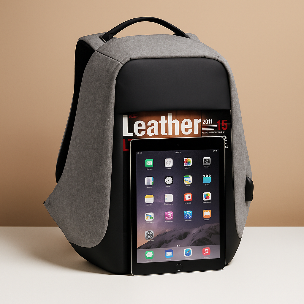 Men’s anti-theft laptop backpack with USB port, water-resistant material, and secure back-zipper, ideal for travel and everyday use.