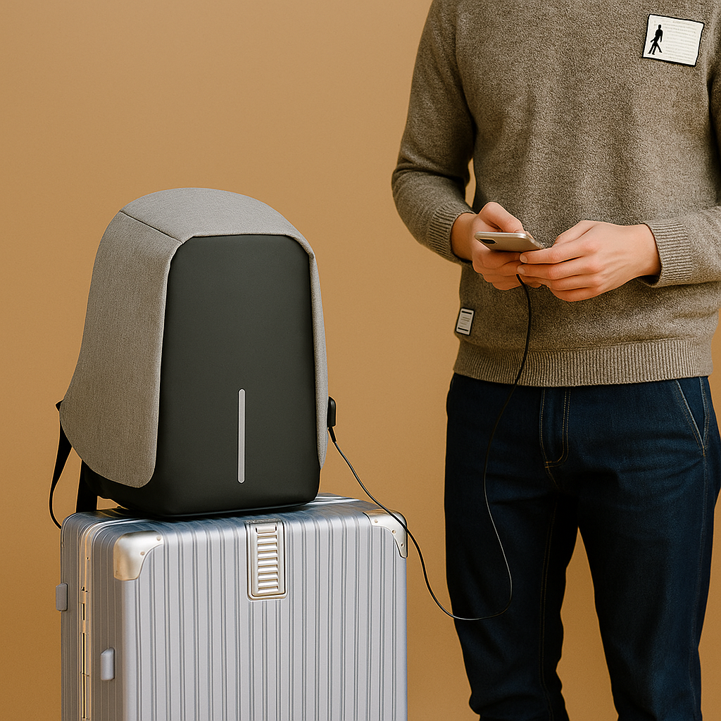 Men’s anti-theft laptop backpack with USB port, water-resistant material, and secure back-zipper, ideal for travel and everyday use.