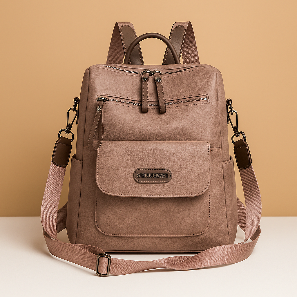 Anti-theft leather travel backpack for women with hidden zippers, water-resistant PU leather, and dual-carry design for everyday security and style.
