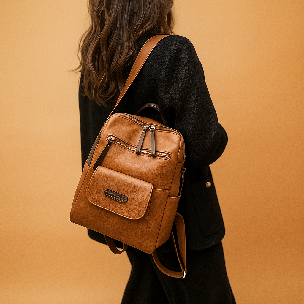 Anti-theft leather travel backpack for women with hidden zippers, water-resistant PU leather, and dual-carry design for everyday security and style.