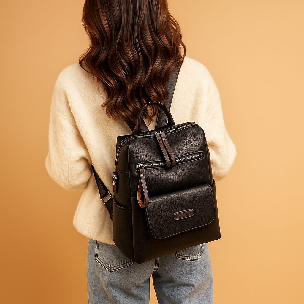 Anti-theft leather travel backpack for women with hidden zippers, water-resistant PU leather, and dual-carry design for everyday security and style.