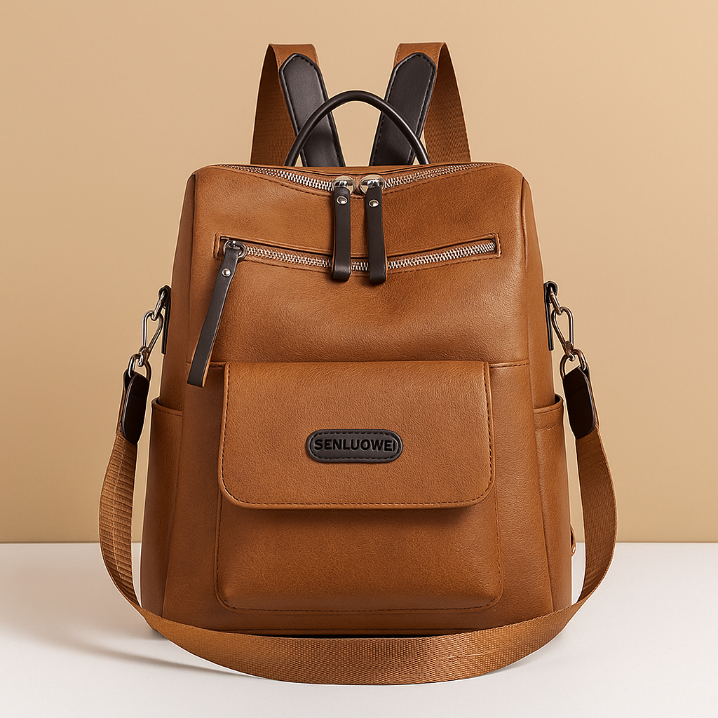 Anti-theft leather travel backpack for women with hidden zippers, water-resistant PU leather, and dual-carry design for everyday security and style.