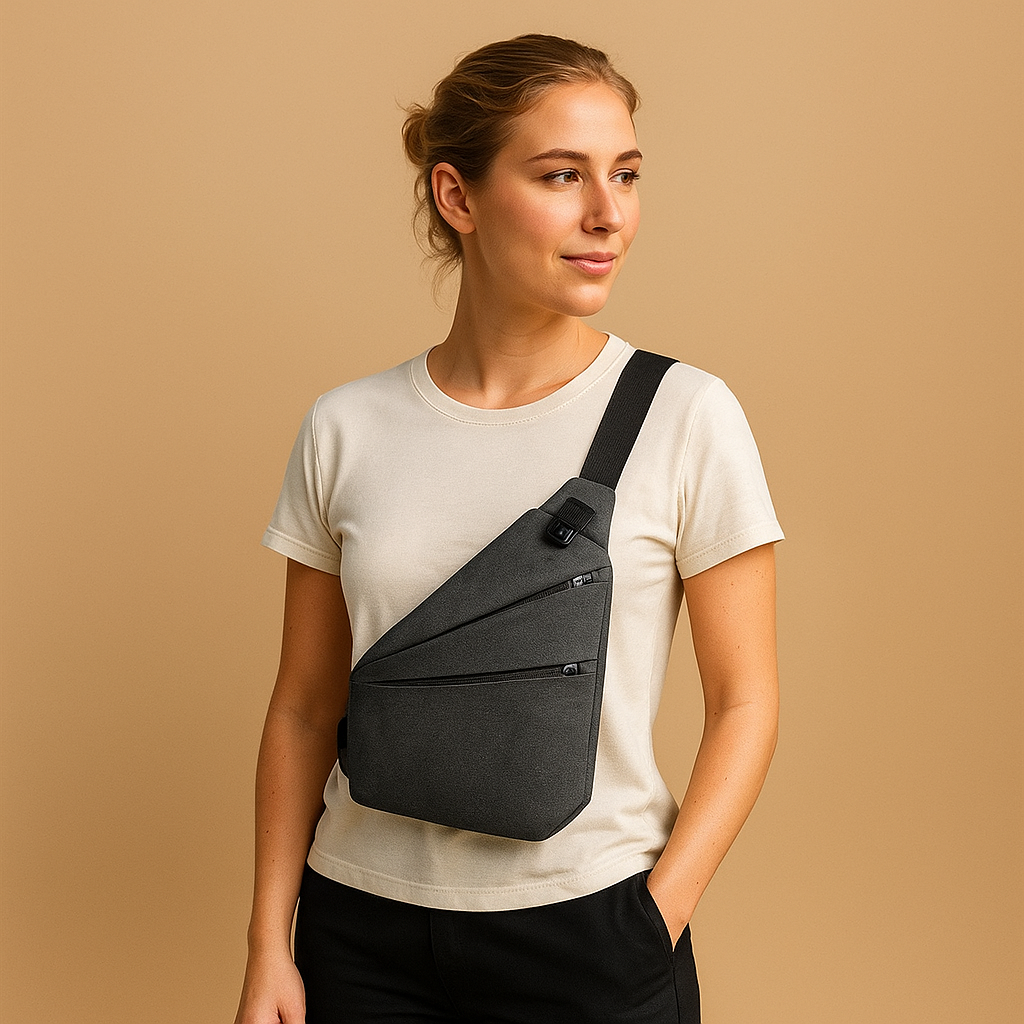 Women’s anti-theft shoulder bag with RFID-blocking, compartments for phone and iPad Mini, perfect for travel and daily use.
