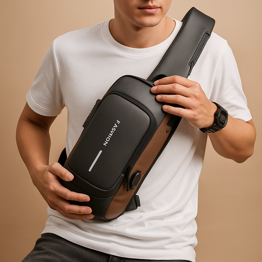 Anti-theft USB crossbody bag for men with hidden card pocket, water-repellent fabric, and 9.7-inch tablet space—perfect for travel and commuting.