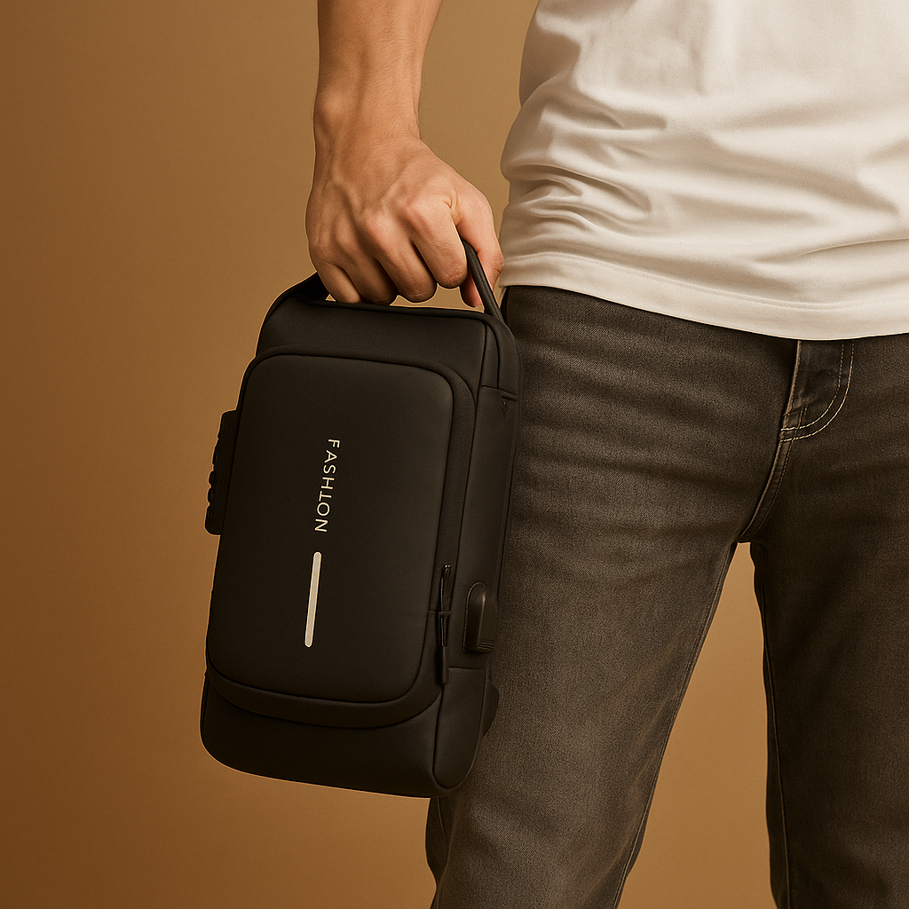 Anti-theft USB crossbody bag for men with hidden card pocket, water-repellent fabric, and 9.7-inch tablet space—perfect for travel and commuting.