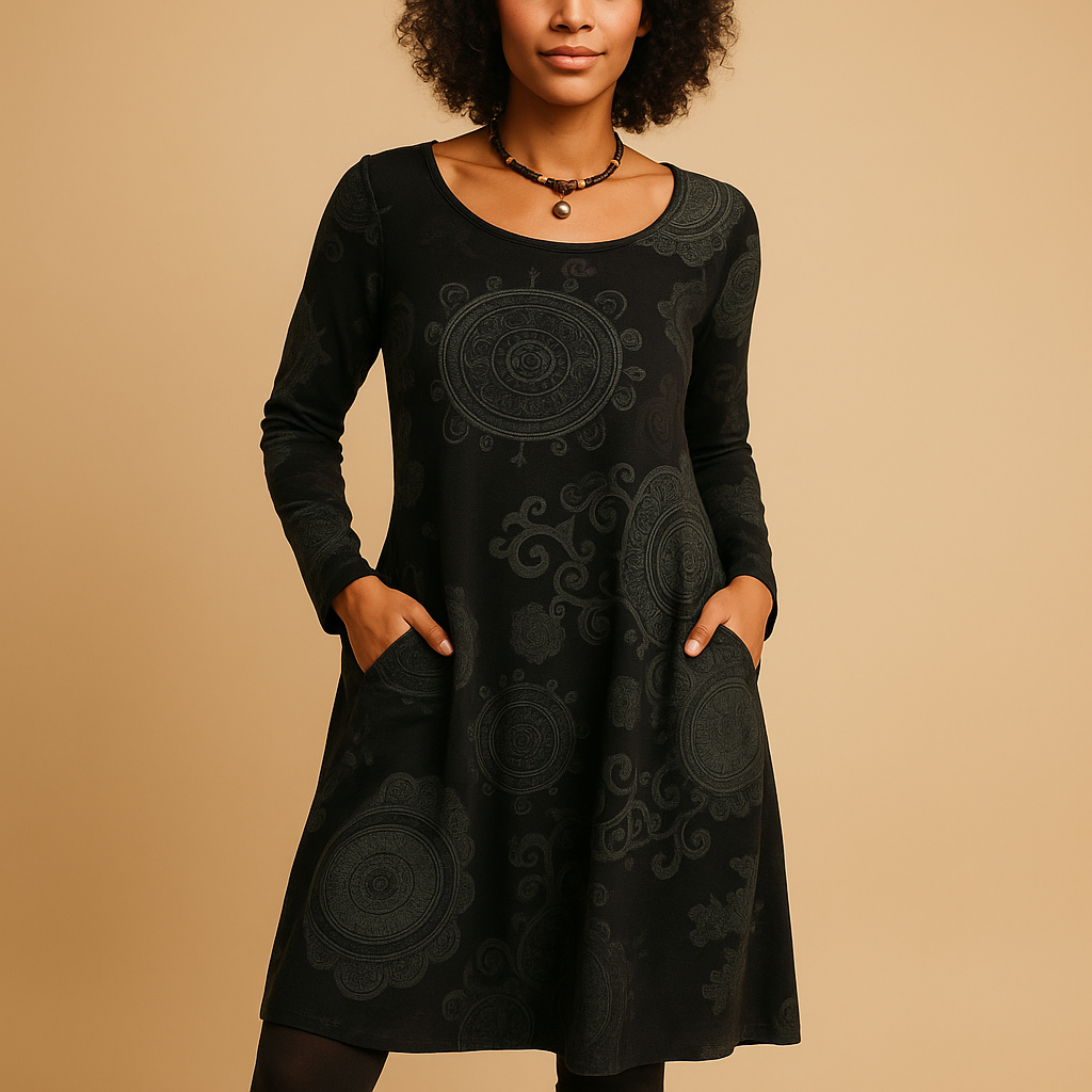 Bohemian maxi dress for women in red with long sleeves, relaxed fit, and side pockets – ideal for casual days and laid-back evenings.