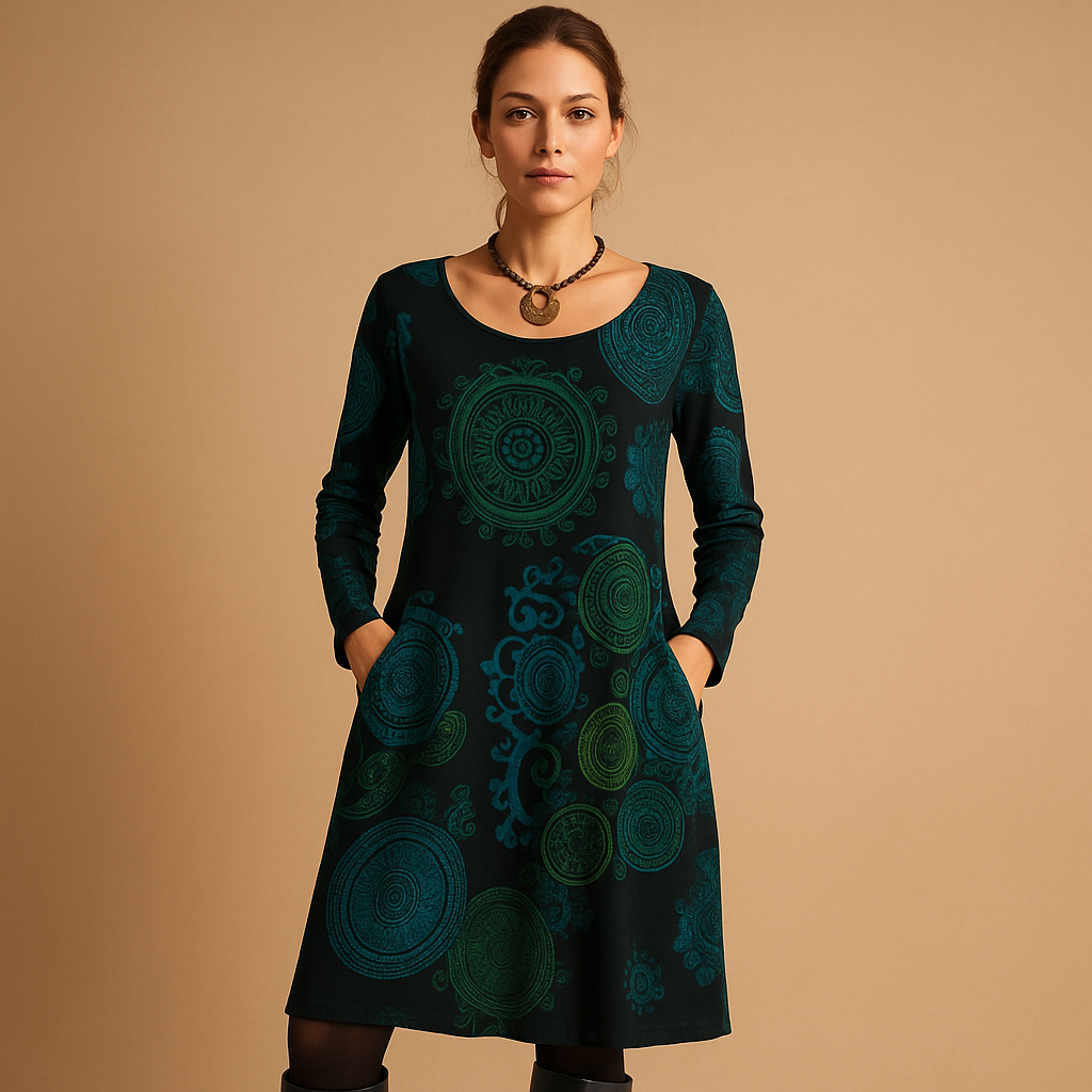 Bohemian maxi dress for women in red with long sleeves, relaxed fit, and side pockets – ideal for casual days and laid-back evenings.