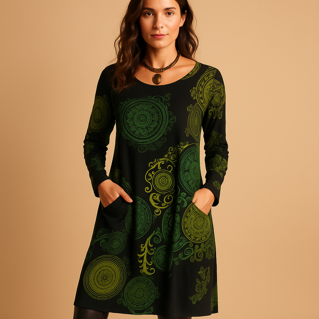 Bohemian maxi dress for women in red with long sleeves, relaxed fit, and side pockets – ideal for casual days and laid-back evenings.
