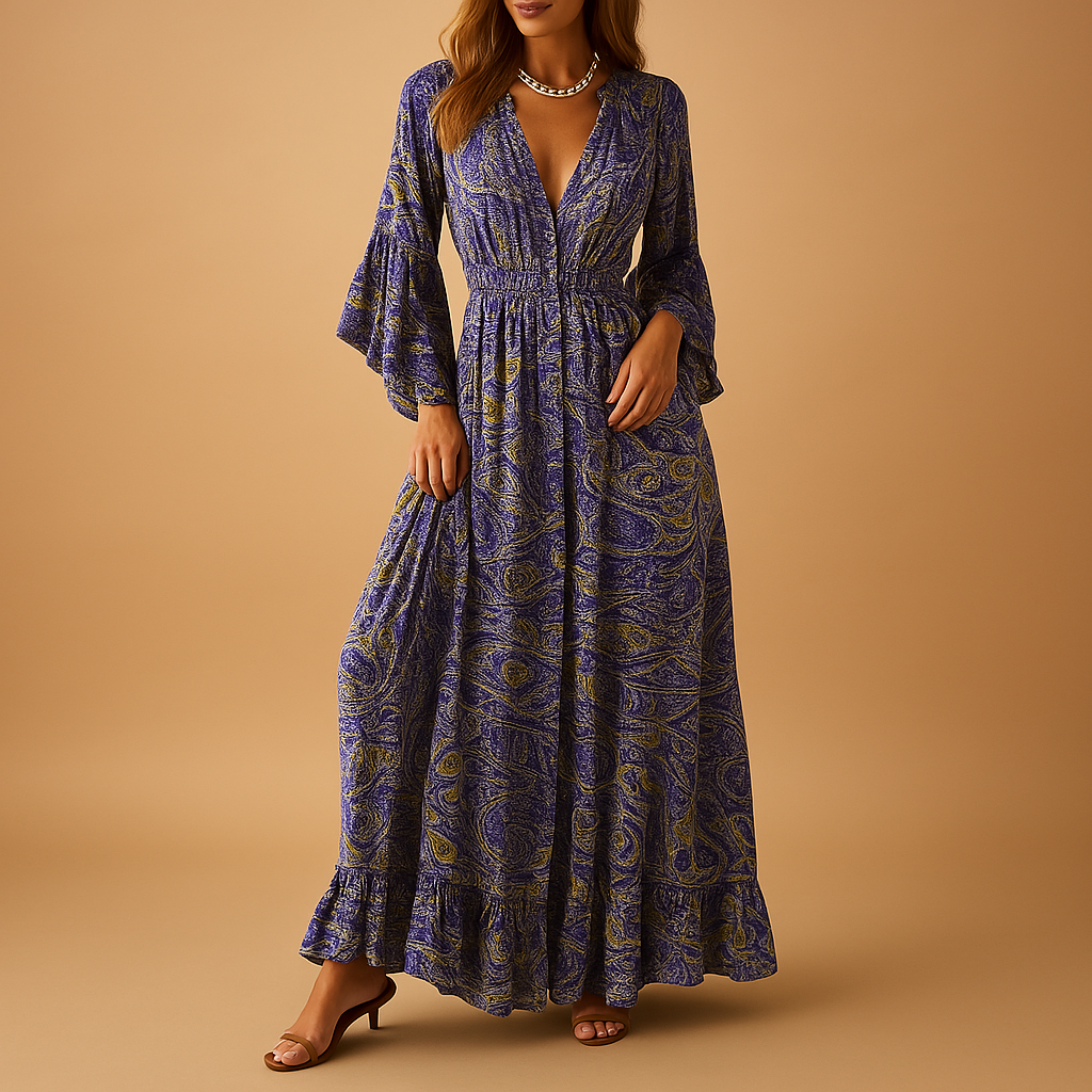Boho maxi dress for women with elegant silhouette and feminine details, perfect for summer wear, weddings, or casual parties.