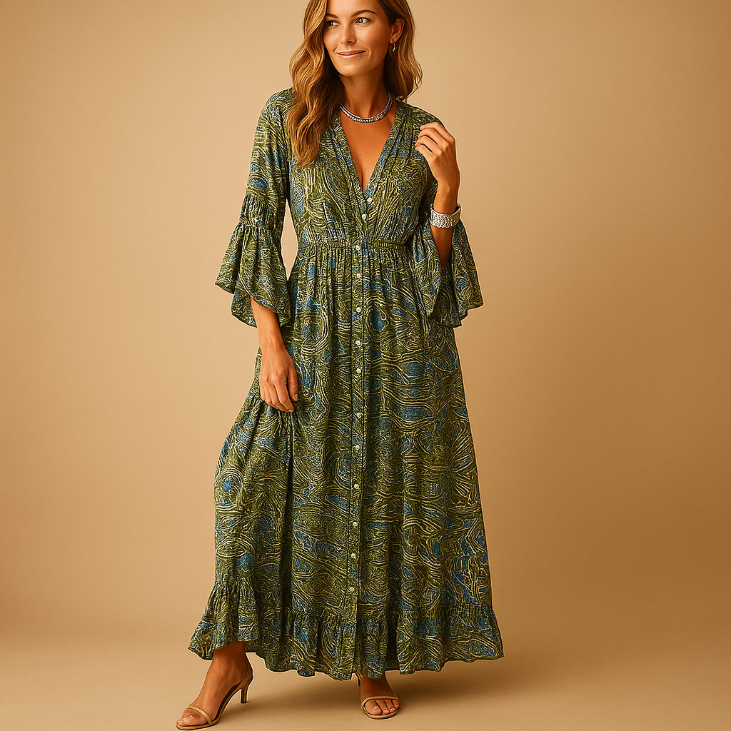 Boho maxi dress for women with elegant silhouette and feminine details, perfect for summer wear, weddings, or casual parties.