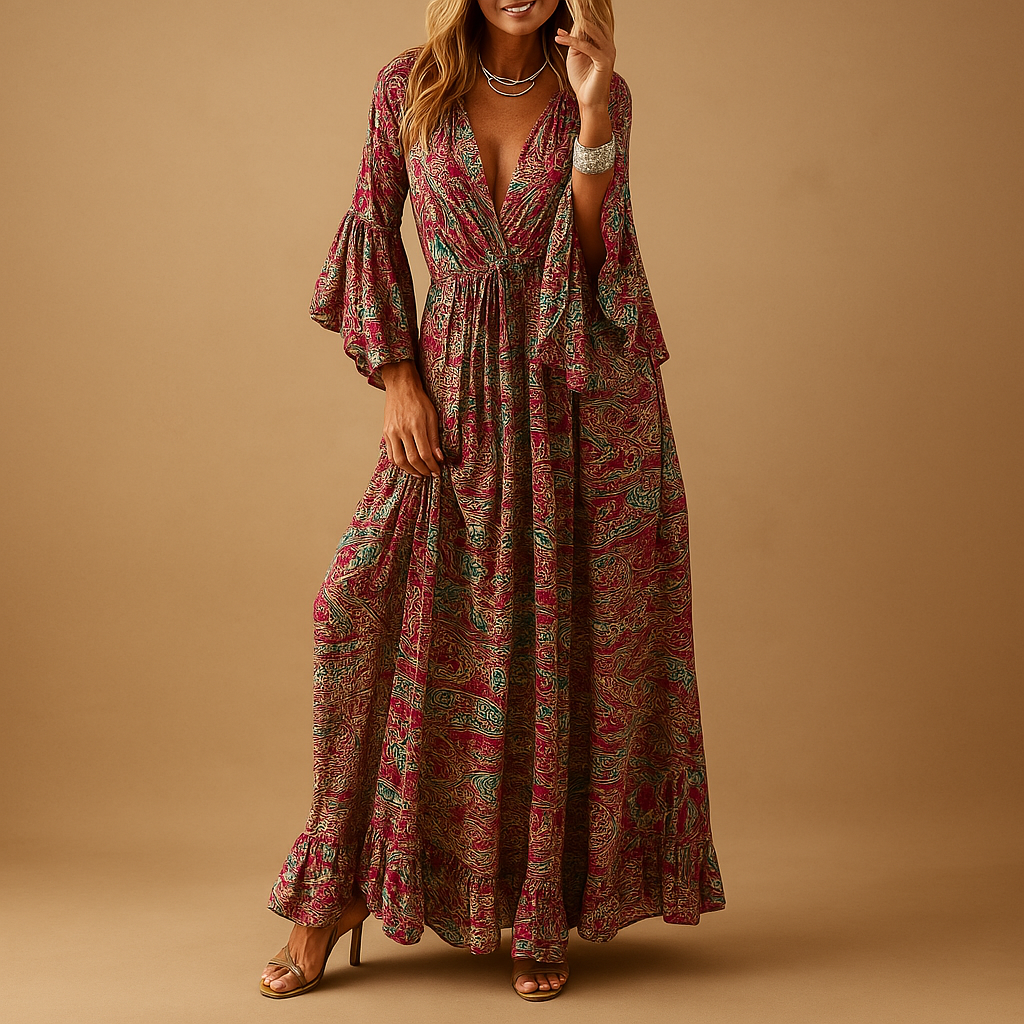 Boho maxi dress for women with elegant silhouette and feminine details, perfect for summer wear, weddings, or casual parties.