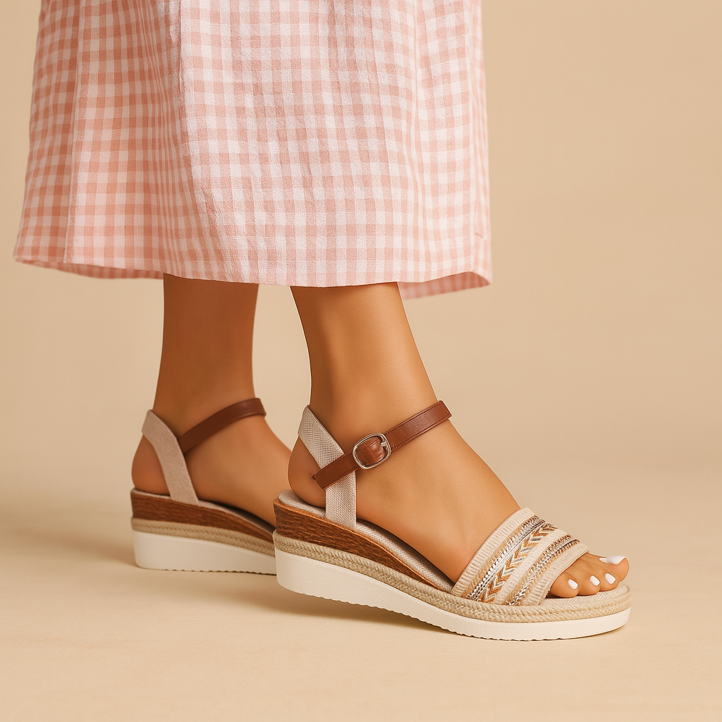 Isla boho wedge sandals with adjustable ankle strap, woven details, and beads, perfect for summer vacations and daily wear.