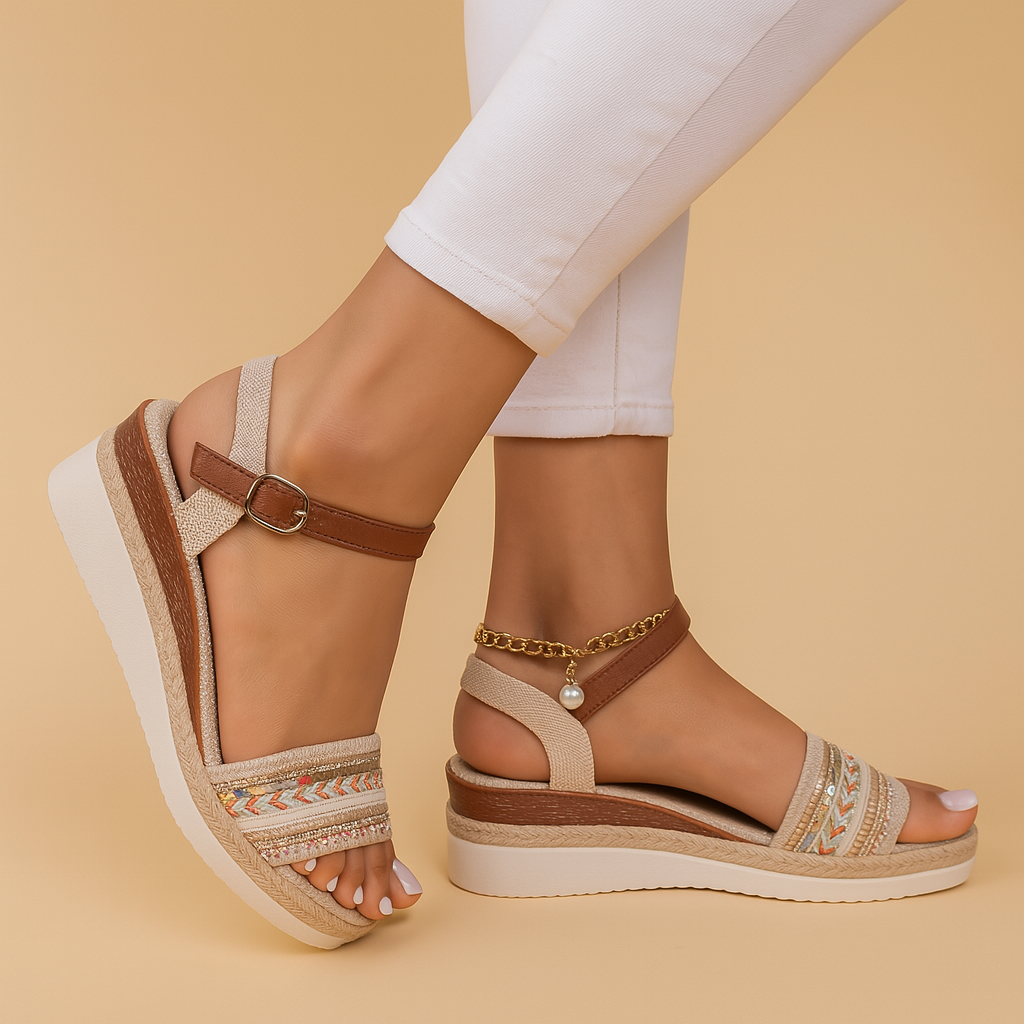 Isla boho wedge sandals with adjustable ankle strap, woven details, and beads, perfect for summer vacations and daily wear.