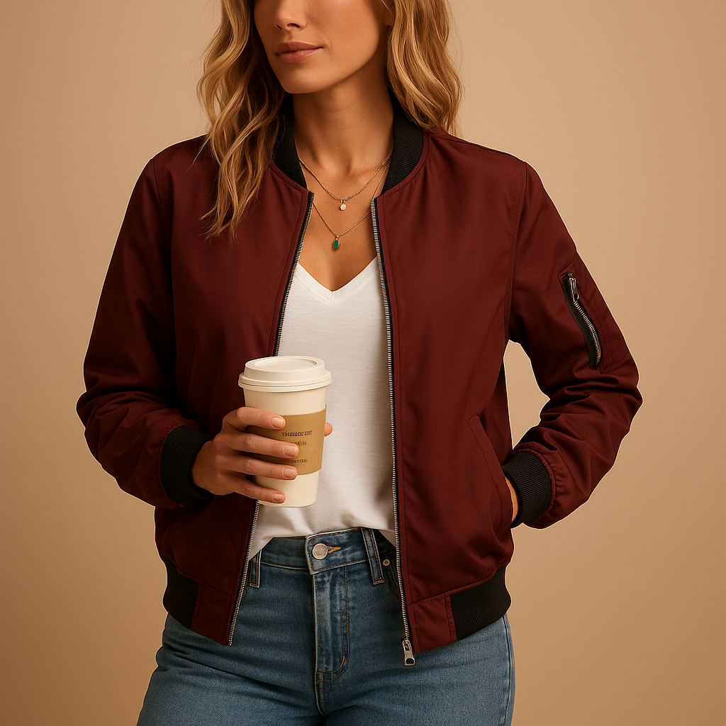 Women’s bomber jacket with ribbed cuffs, zip-up design, and slim fit for casual and stylish everyday wear.