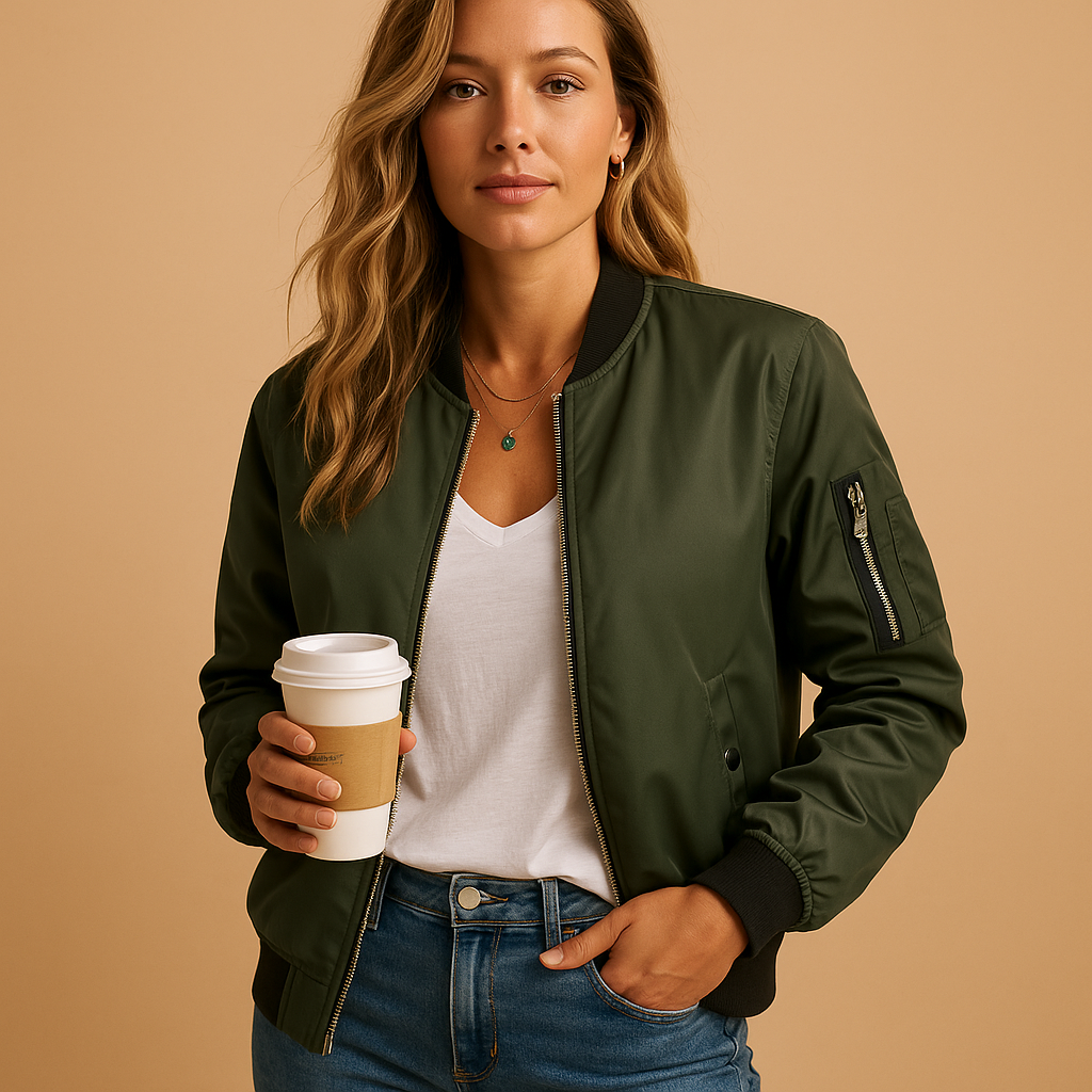 Women’s bomber jacket with ribbed cuffs, zip-up design, and slim fit for casual and stylish everyday wear.