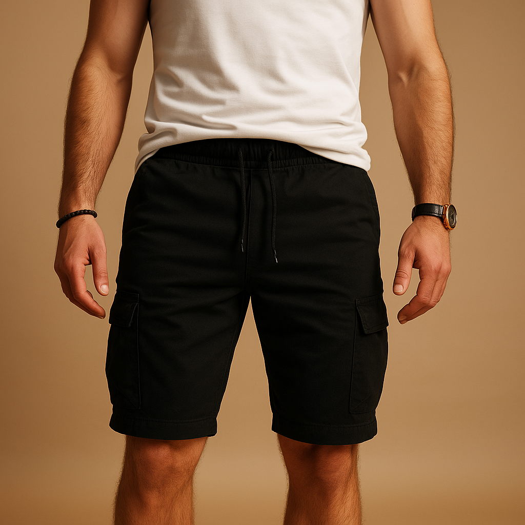Men’s breathable cargo shorts with relaxed fit, elastic waistband, and secure pockets, perfect for summer wear and outdoor activities