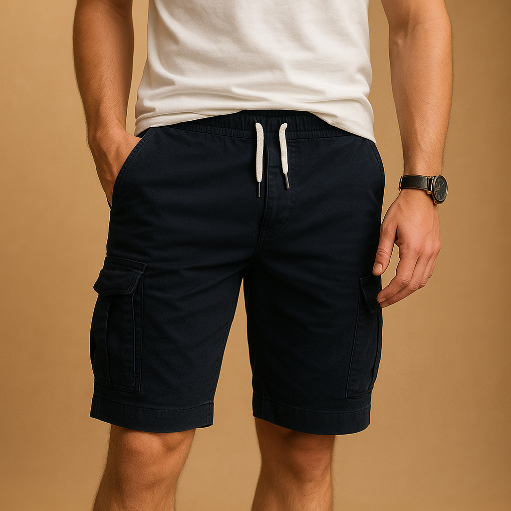Men’s breathable cargo shorts with relaxed fit, elastic waistband, and secure pockets, perfect for summer wear and outdoor activities
