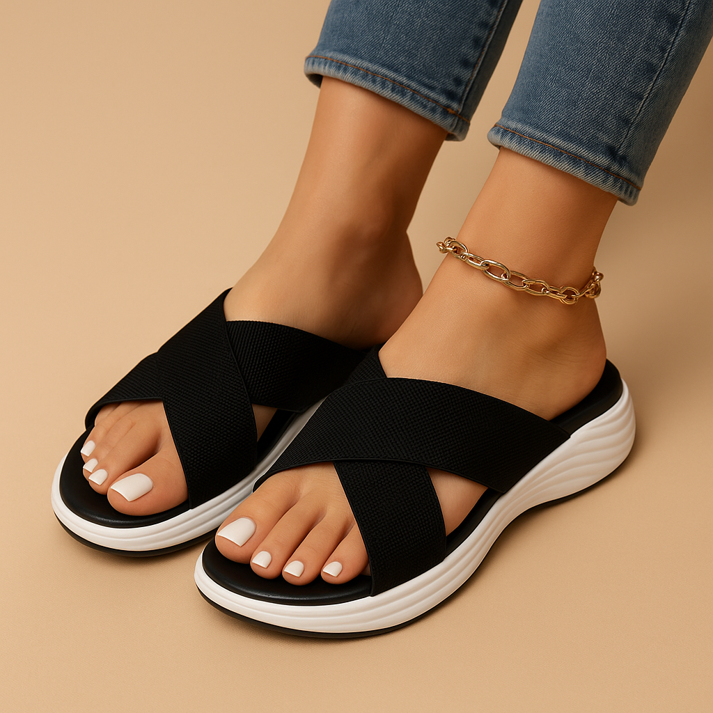 Isla breathable flat sandals for women in beige, black, and light brown with cushioned sole and adjustable fit for summer comfort.