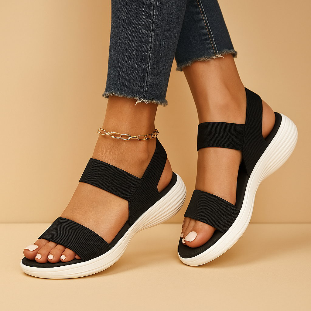 Isla breathable flat sandals for women in beige, black, and light brown with cushioned sole and adjustable fit for summer comfort.