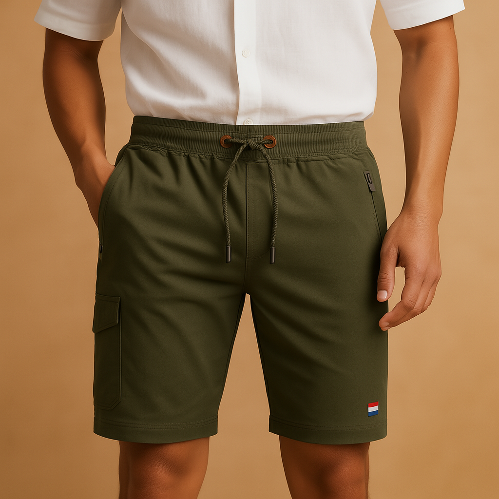 Men’s breathable sporty shorts with multiple pockets and elastic waistband, ideal for travel and outdoor use