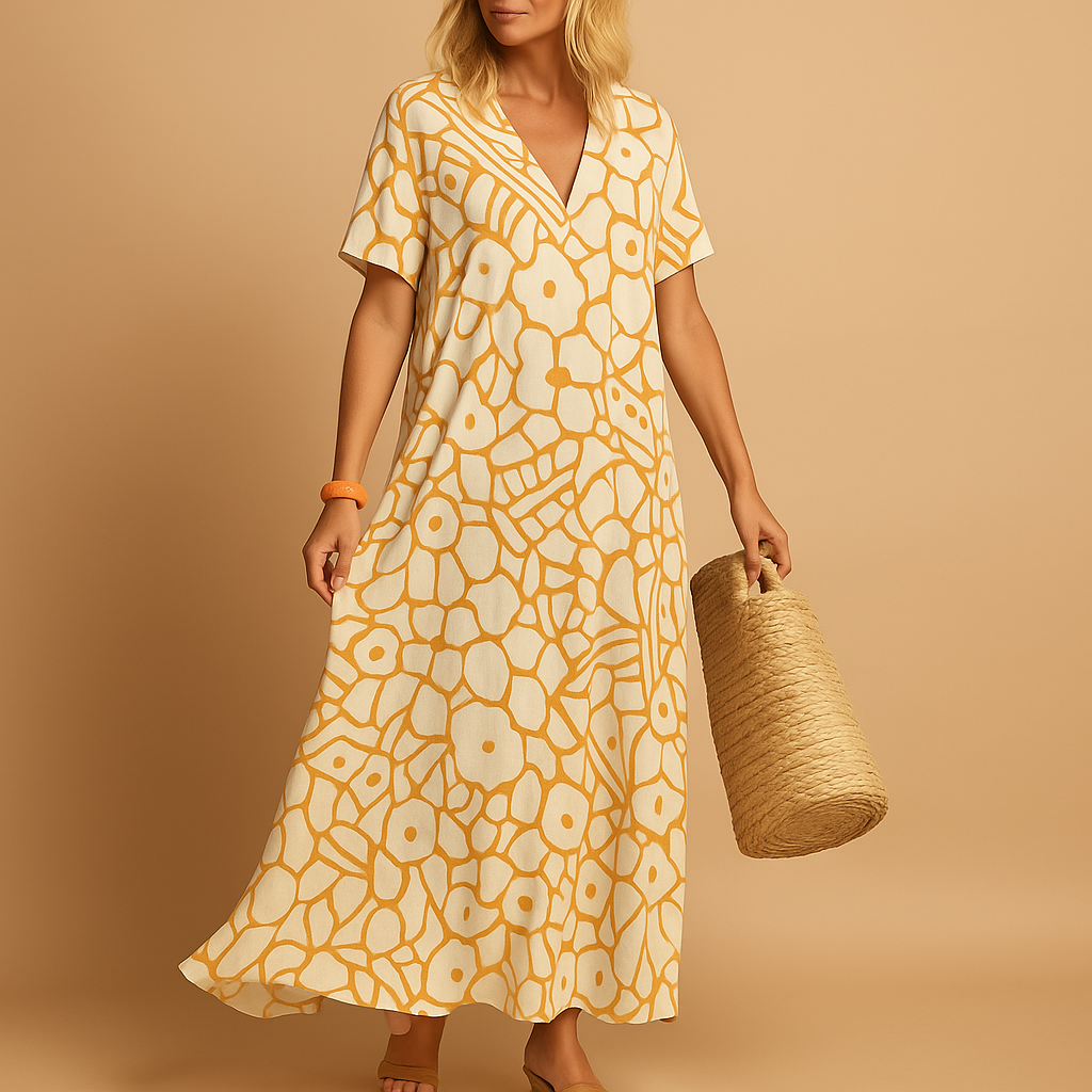 Lightweight summer dress for women with short sleeves, ideal for warm weather and casual outings like beach days and garden parties.