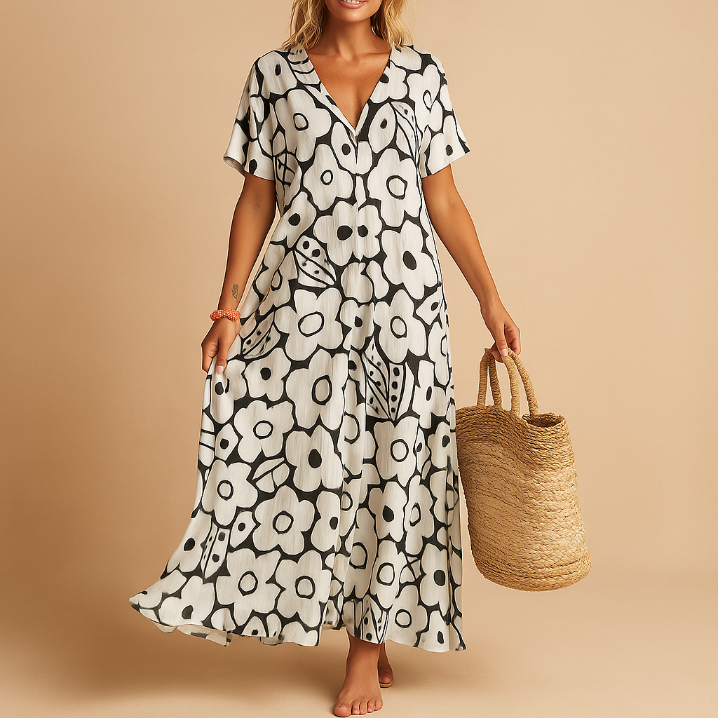 Lightweight summer dress for women with short sleeves, ideal for warm weather and casual outings like beach days and garden parties.