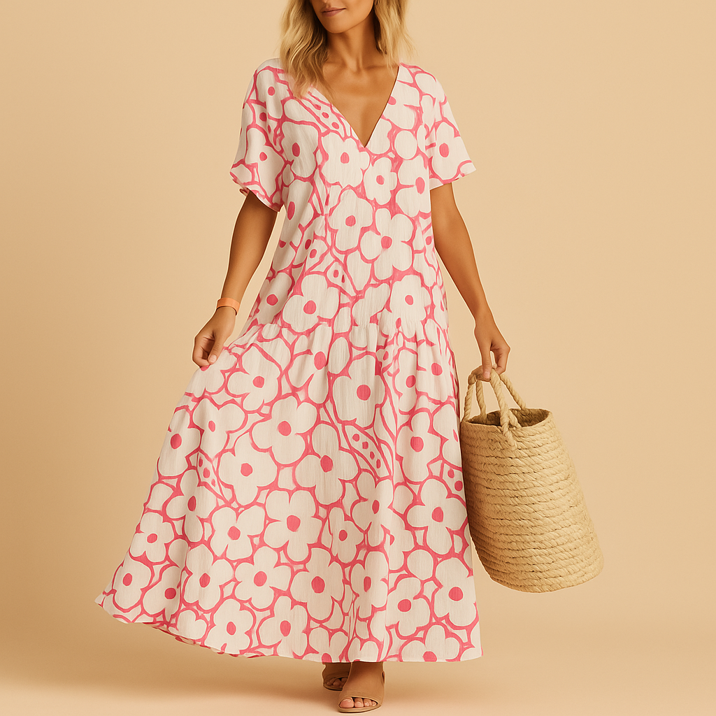 Lightweight summer dress for women with short sleeves, ideal for warm weather and casual outings like beach days and garden parties.