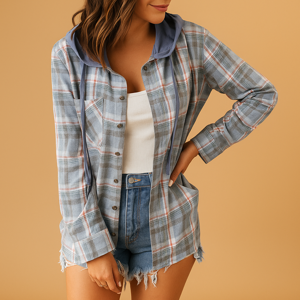Button-up casual jacket for women with long sleeves, front closure, and chest pocket, ideal for modern everyday wear.