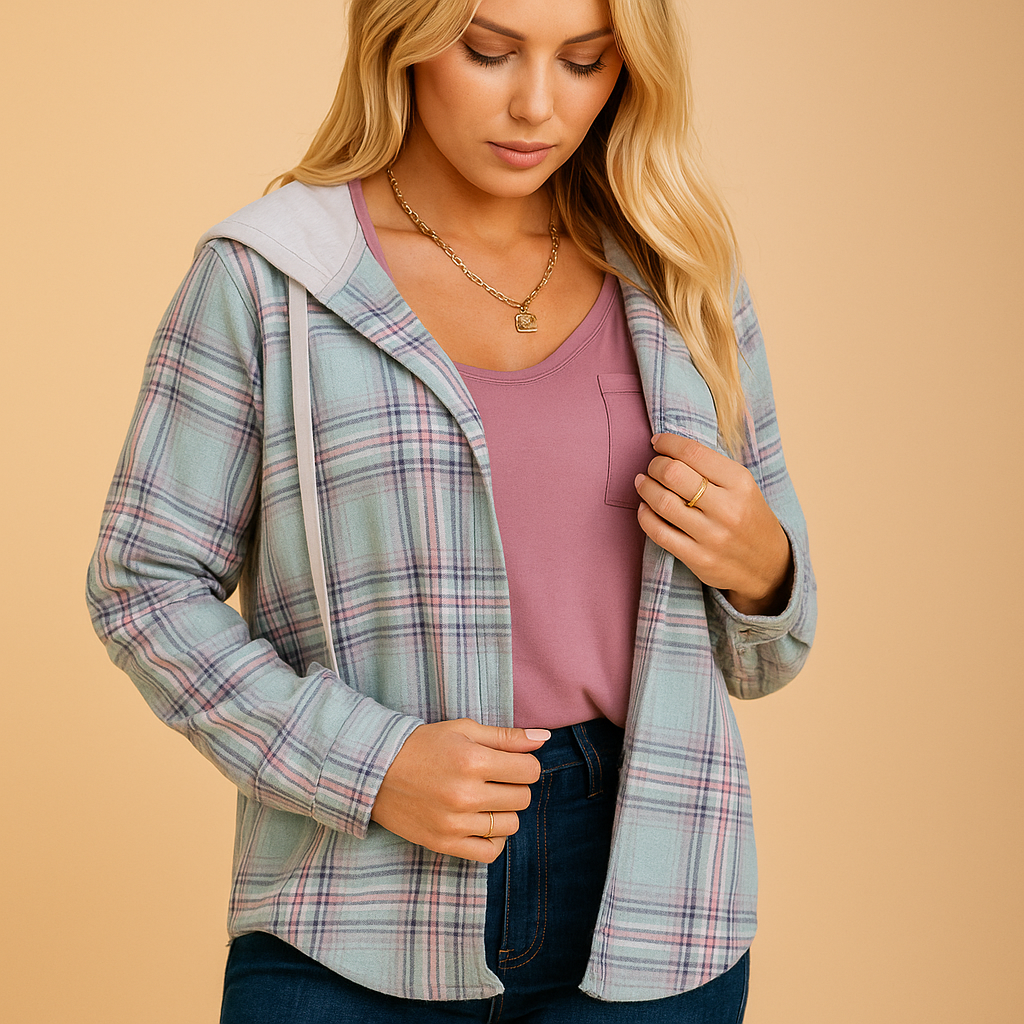 Button-up casual jacket for women with long sleeves, front closure, and chest pocket, ideal for modern everyday wear.