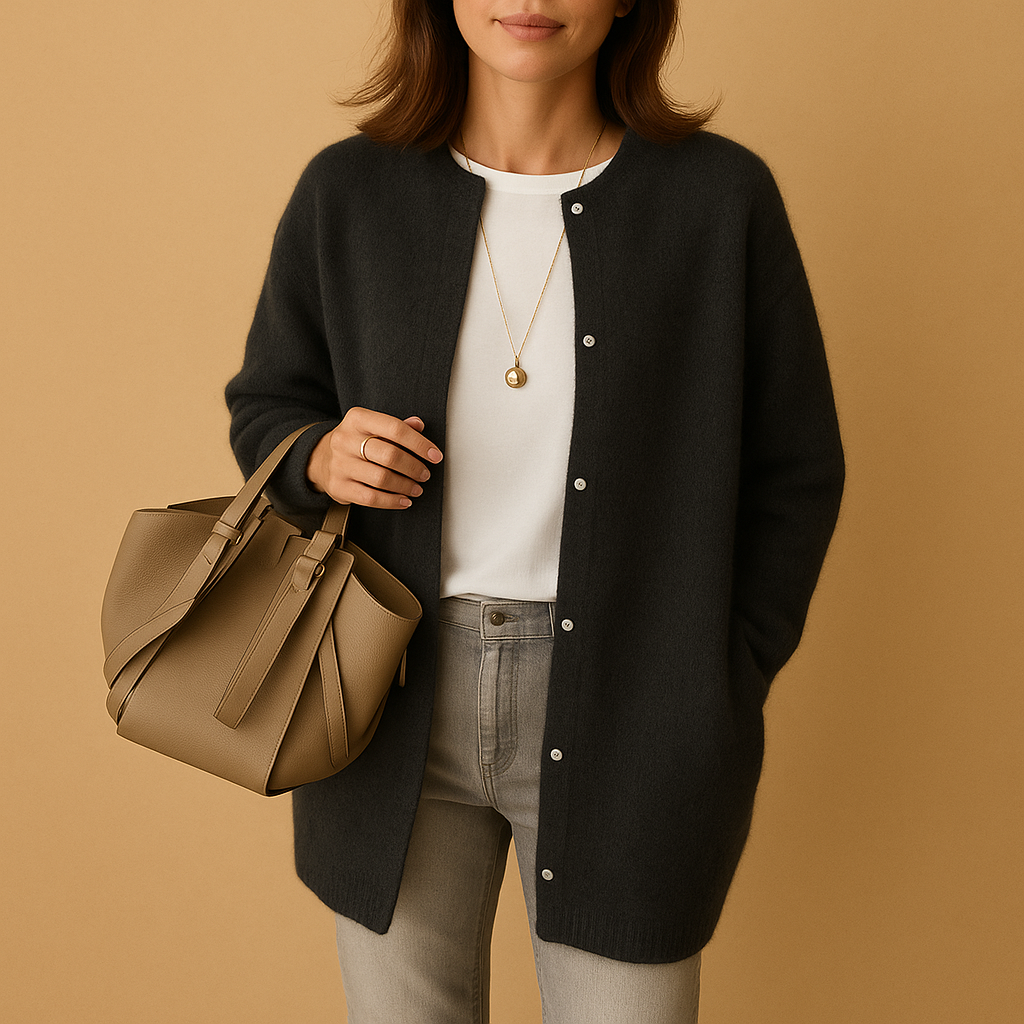 Women's buttoned knit cardigan with long sleeves and hip-length fit, perfect for office wear or casual layering.