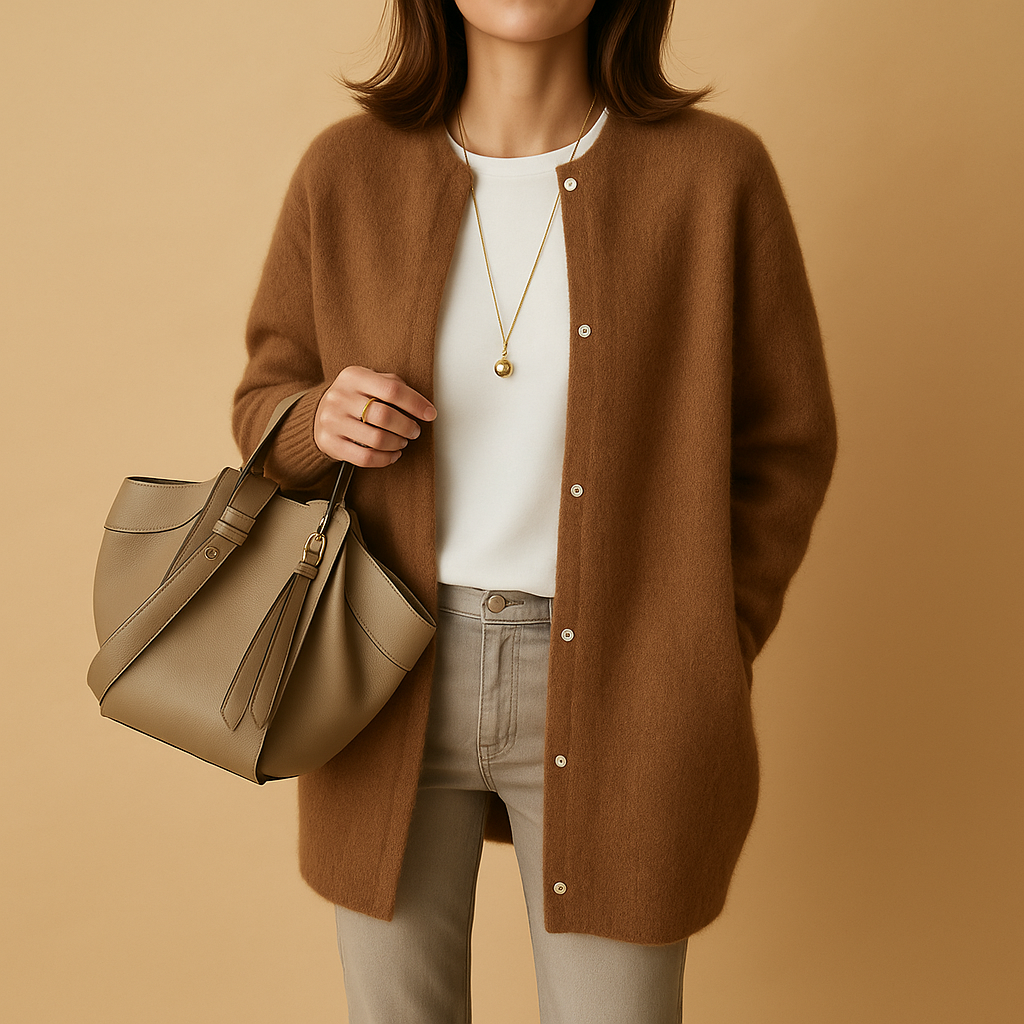 Women's buttoned knit cardigan with long sleeves and hip-length fit, perfect for office wear or casual layering.