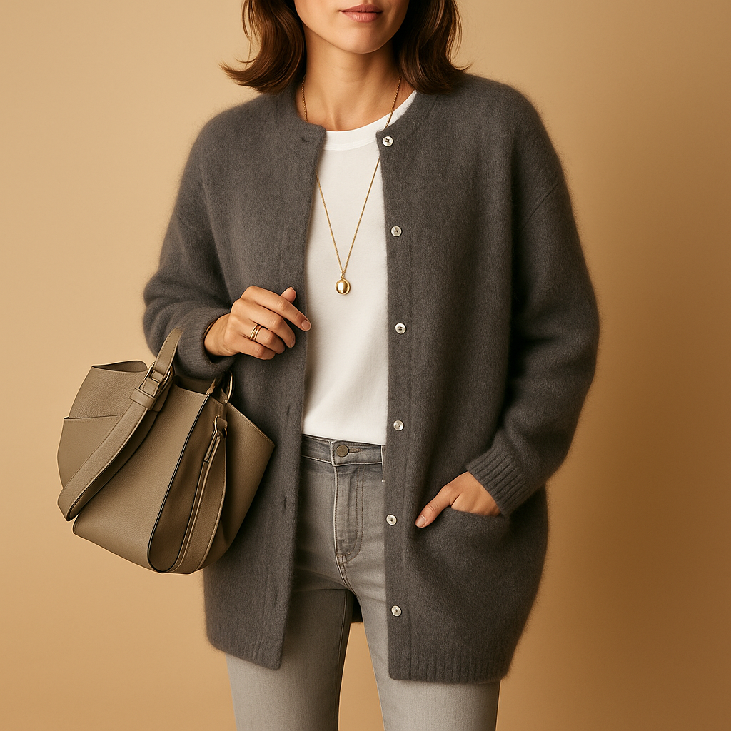 Women's buttoned knit cardigan with long sleeves and hip-length fit, perfect for office wear or casual layering.