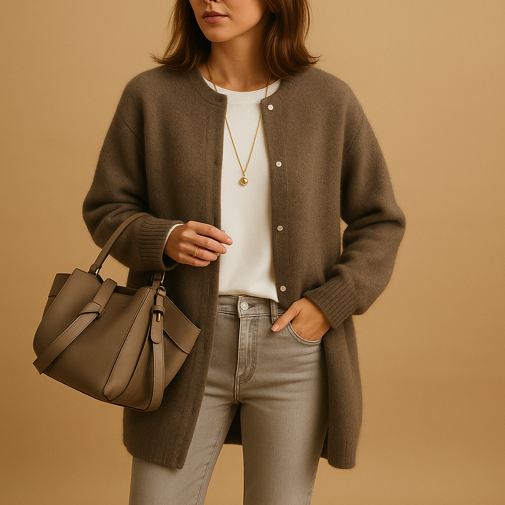 Women's buttoned knit cardigan with long sleeves and hip-length fit, perfect for office wear or casual layering.