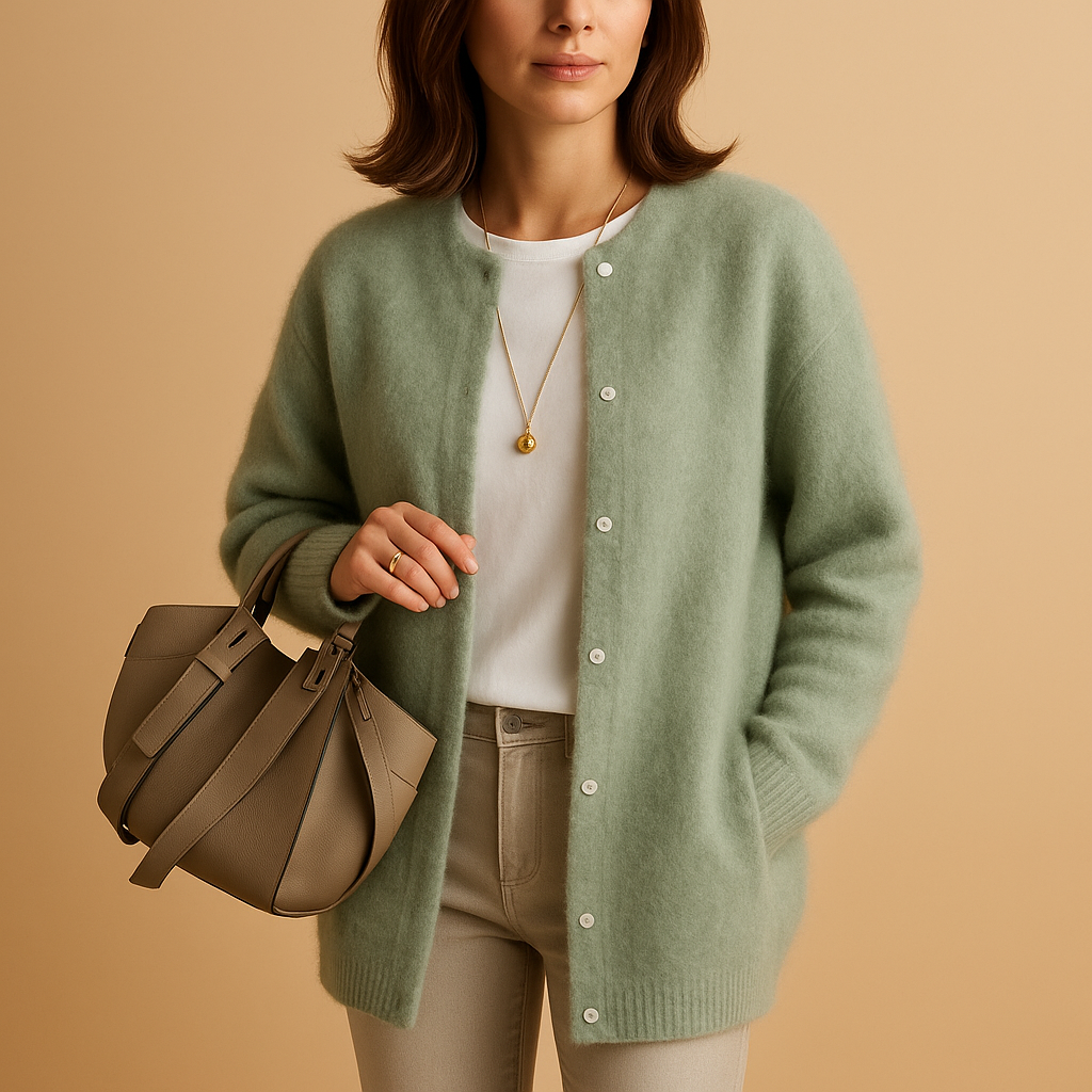 Women's buttoned knit cardigan with long sleeves and hip-length fit, perfect for office wear or casual layering.